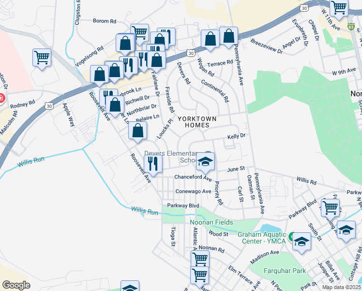map of restaurants, bars, coffee shops, grocery stores, and more near 829 Gunnison Road in York