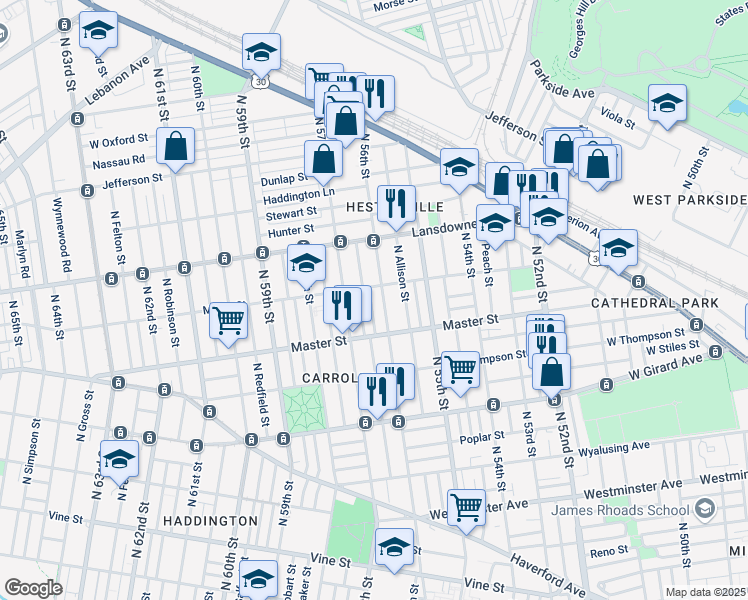 map of restaurants, bars, coffee shops, grocery stores, and more near 1453 North Ithan Street in Philadelphia