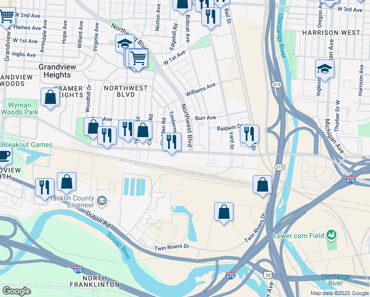 map of restaurants, bars, coffee shops, grocery stores, and more near 751 Northwest Boulevard in Columbus