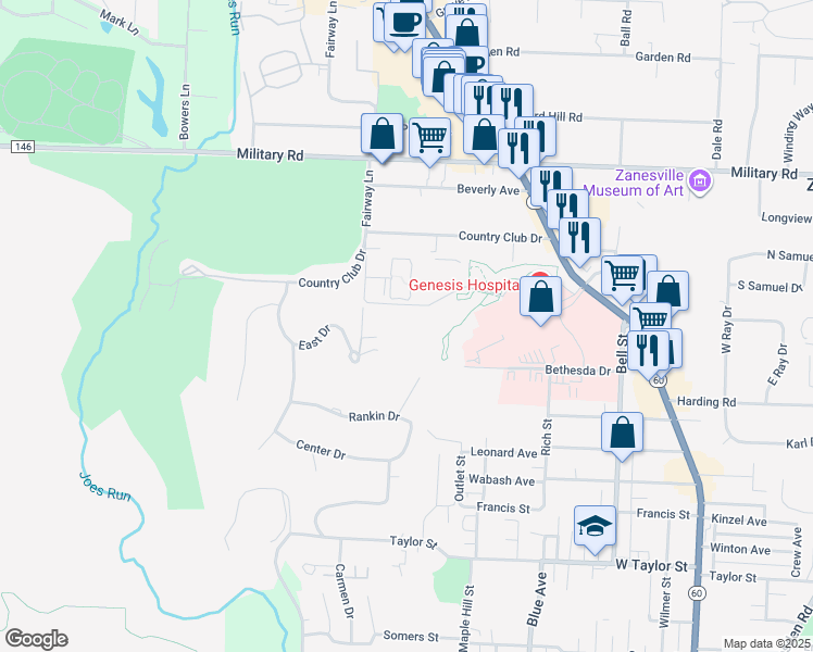 map of restaurants, bars, coffee shops, grocery stores, and more near 2971 Maple Avenue in Zanesville