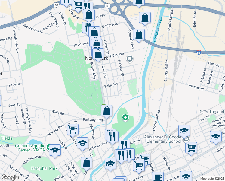 map of restaurants, bars, coffee shops, grocery stores, and more near 835 Latimer Street in York