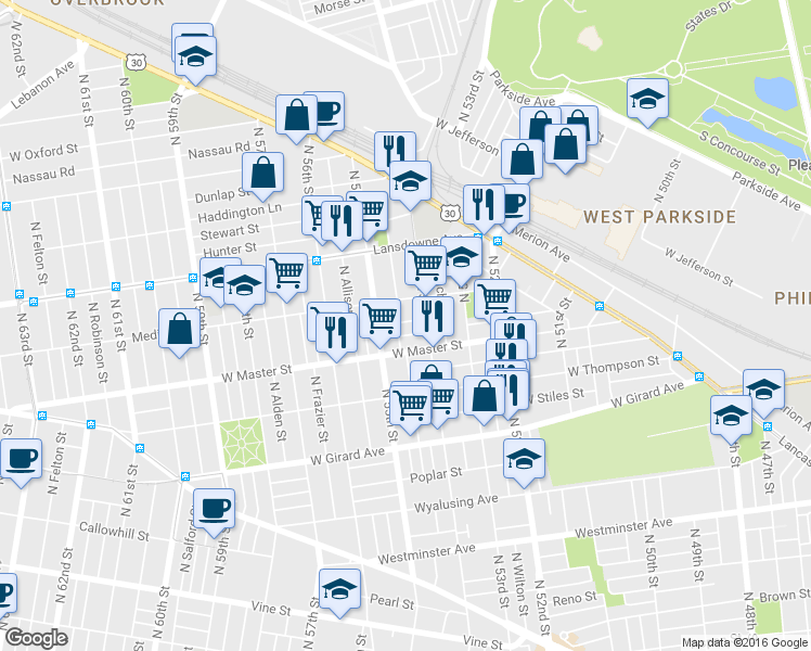 map of restaurants, bars, coffee shops, grocery stores, and more near 5426 Sharswood Street in Philadelphia