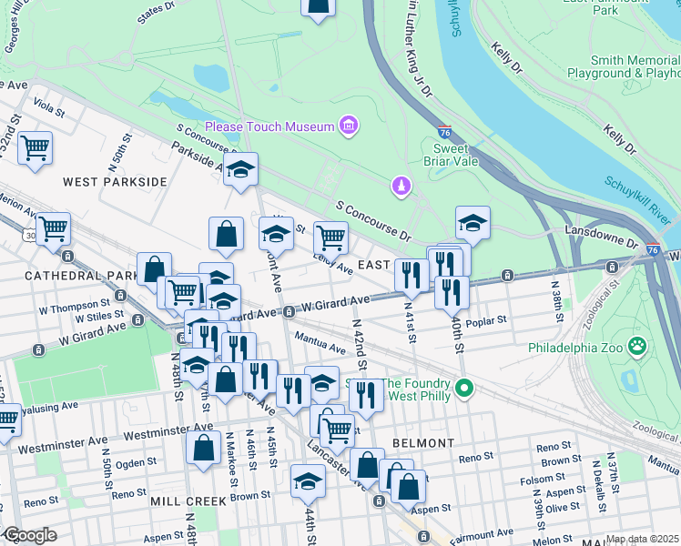 map of restaurants, bars, coffee shops, grocery stores, and more near 4166 Leidy Avenue in Philadelphia