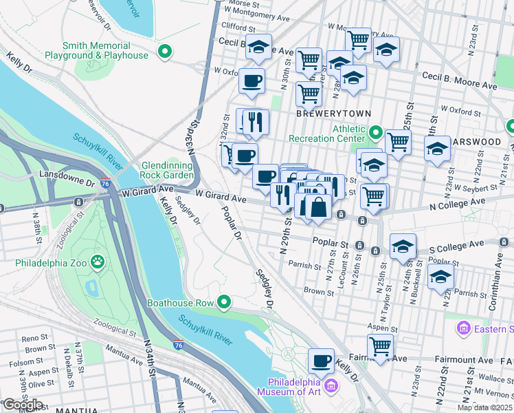 map of restaurants, bars, coffee shops, grocery stores, and more near 3029 West Girard Avenue in Philadelphia