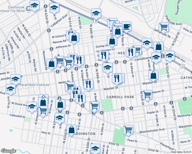 map of restaurants, bars, coffee shops, grocery stores, and more near 1500 North 59th Street in Philadelphia