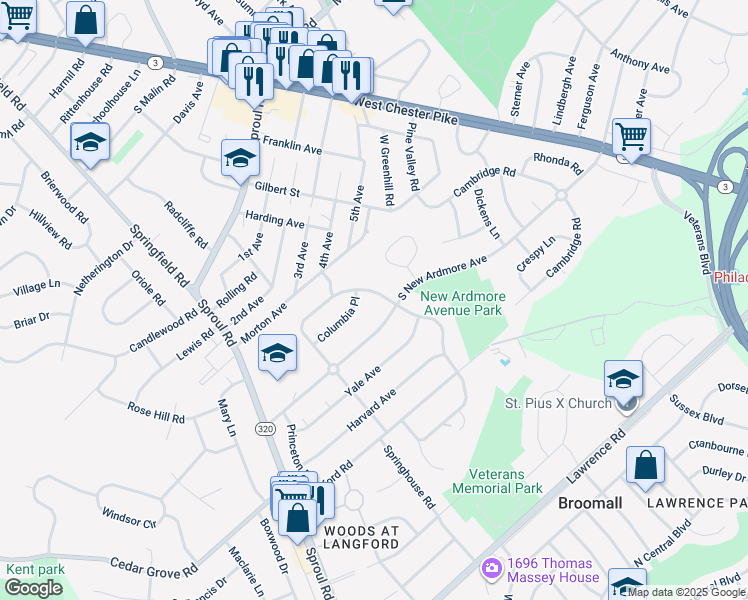 map of restaurants, bars, coffee shops, grocery stores, and more near 2217 Winding Way in Broomall