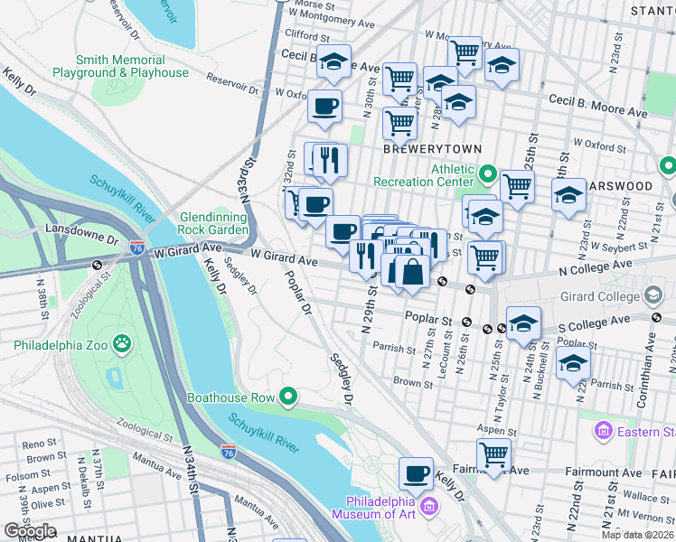 map of restaurants, bars, coffee shops, grocery stores, and more near 3000 West Girard Avenue in Philadelphia