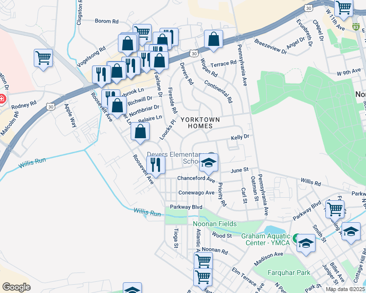 map of restaurants, bars, coffee shops, grocery stores, and more near 829 Gunnison Road in York