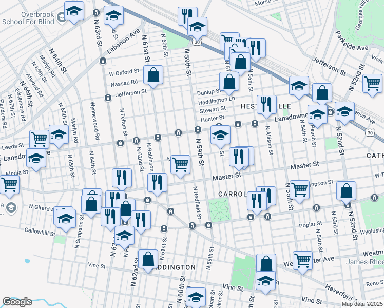 map of restaurants, bars, coffee shops, grocery stores, and more near 1503 North Redfield Street in Philadelphia
