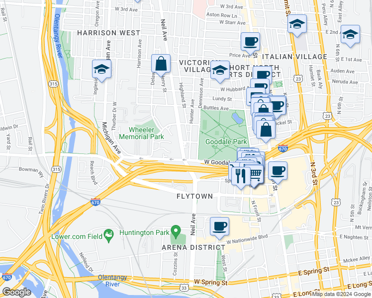 map of restaurants, bars, coffee shops, grocery stores, and more near 249 West Poplar Avenue in Columbus