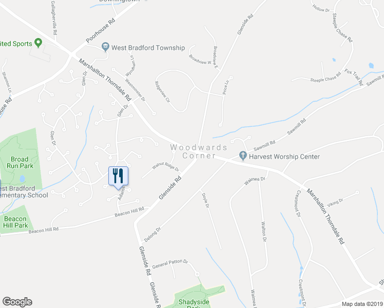 map of restaurants, bars, coffee shops, grocery stores, and more near 1300 Marshallton Thorndale Road in Chester County