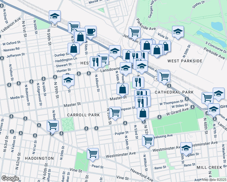 map of restaurants, bars, coffee shops, grocery stores, and more near 5426 Sharswood Street in Philadelphia