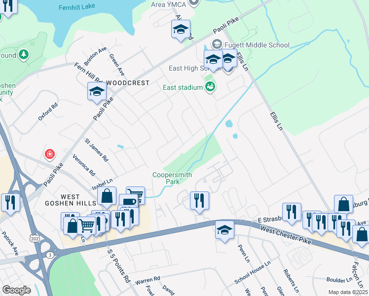 map of restaurants, bars, coffee shops, grocery stores, and more near 1214 Farmington Lane in West Chester