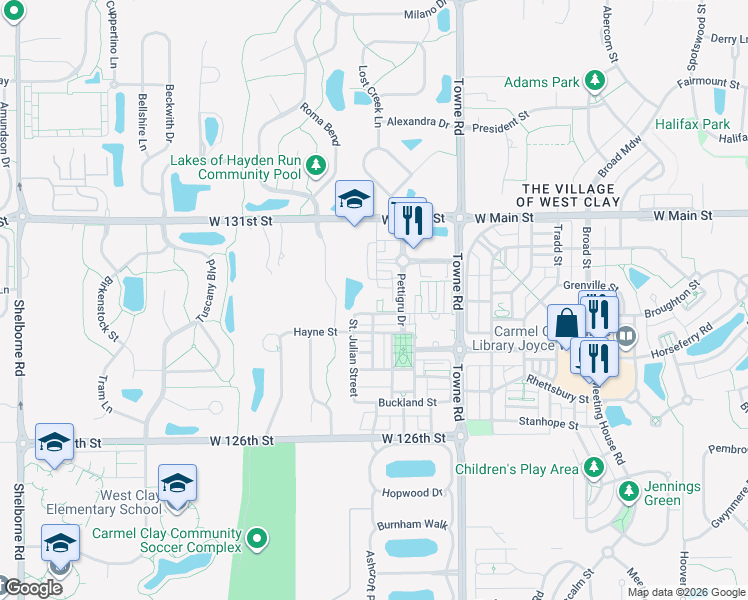 map of restaurants, bars, coffee shops, grocery stores, and more near 12900 Pettigru Street in Carmel