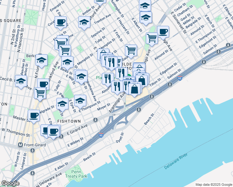 map of restaurants, bars, coffee shops, grocery stores, and more near 2215 East Thompson Street in Philadelphia