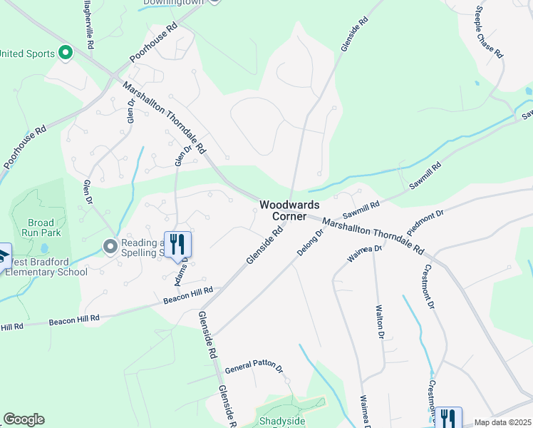 map of restaurants, bars, coffee shops, grocery stores, and more near 1308 Valley Wood Road in Chester County