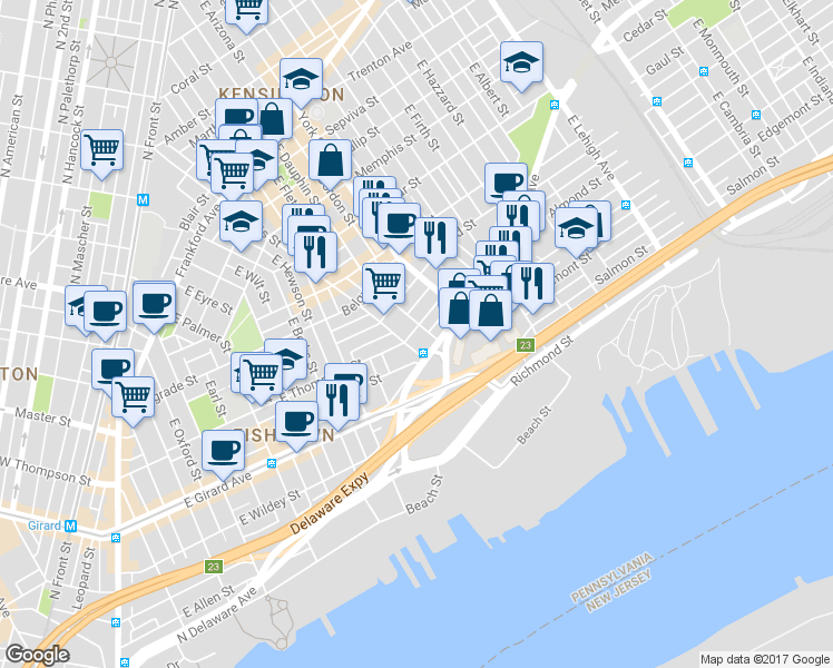 map of restaurants, bars, coffee shops, grocery stores, and more near 2215 East Thompson Street in Philadelphia