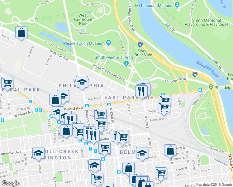 map of restaurants, bars, coffee shops, grocery stores, and more near 4141 Leidy Avenue in Philadelphia