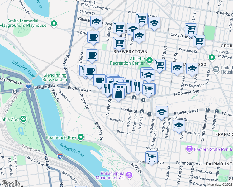 map of restaurants, bars, coffee shops, grocery stores, and more near in Philadelphia
