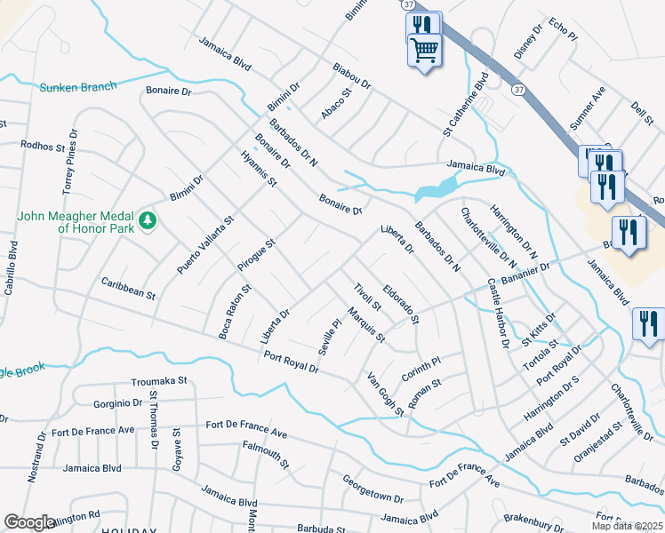 map of restaurants, bars, coffee shops, grocery stores, and more near 19 Ravenna Court in Toms River