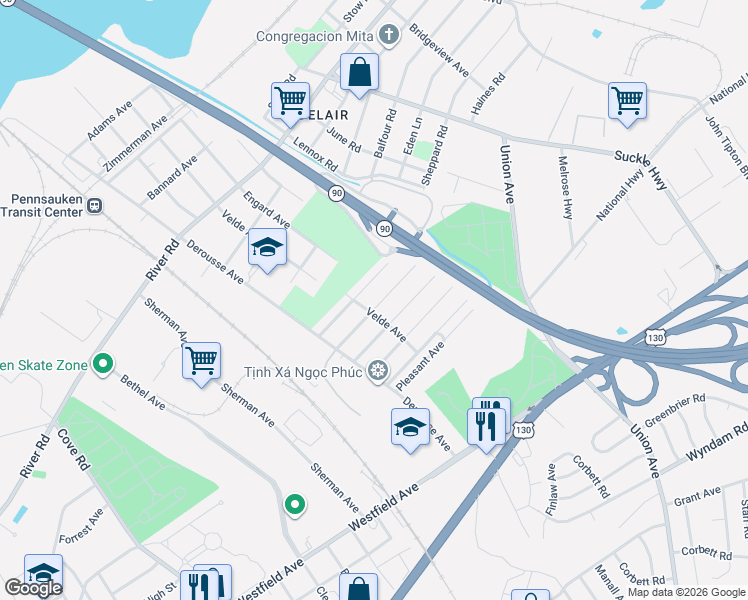map of restaurants, bars, coffee shops, grocery stores, and more near 7539 Boulevard Avenue in Pennsauken Township