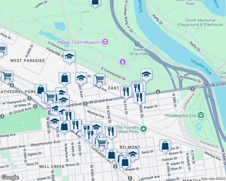 map of restaurants, bars, coffee shops, grocery stores, and more near 4141 Leidy Avenue in Philadelphia