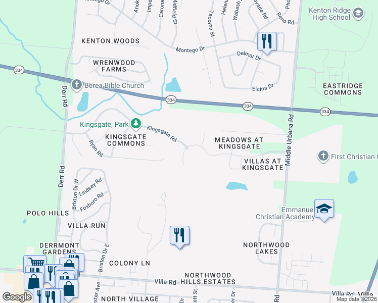map of restaurants, bars, coffee shops, grocery stores, and more near 3586 Kingsgate Ct in Springfield