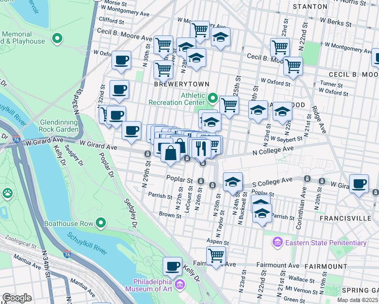 map of restaurants, bars, coffee shops, grocery stores, and more near 1221 North 27th Street in Philadelphia