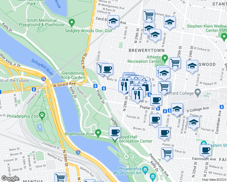 map of restaurants, bars, coffee shops, grocery stores, and more near 3006 West Girard Avenue in Philadelphia