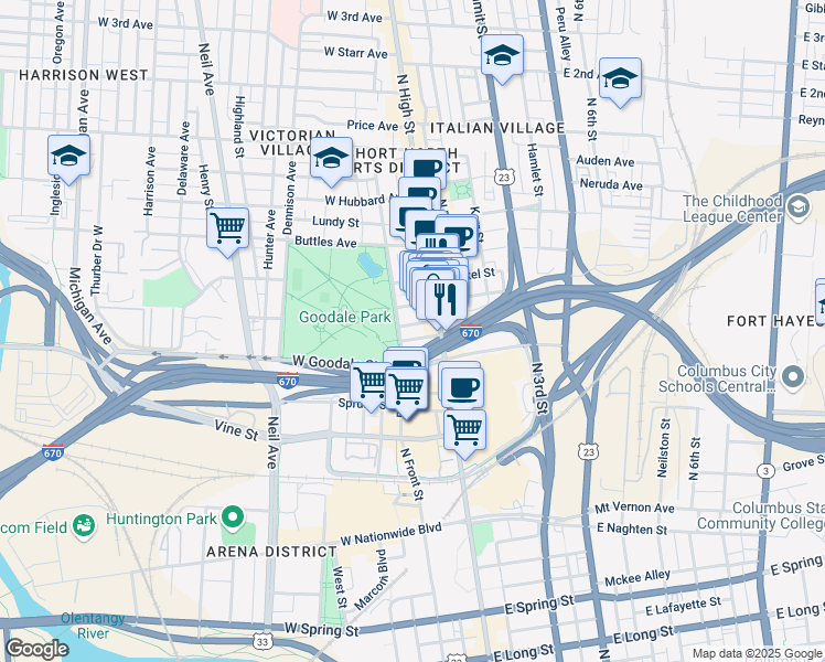 map of restaurants, bars, coffee shops, grocery stores, and more near 34 West Poplar Avenue in Columbus