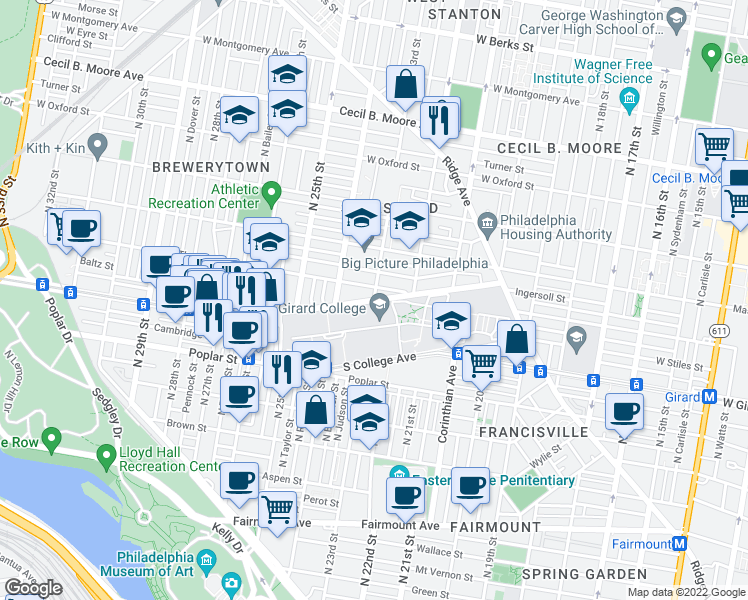 map of restaurants, bars, coffee shops, grocery stores, and more near North College Avenue in Philadelphia