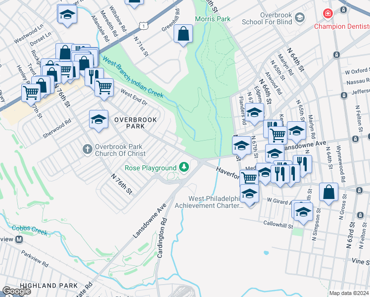 map of restaurants, bars, coffee shops, grocery stores, and more near 7205 Haverford Avenue in Philadelphia