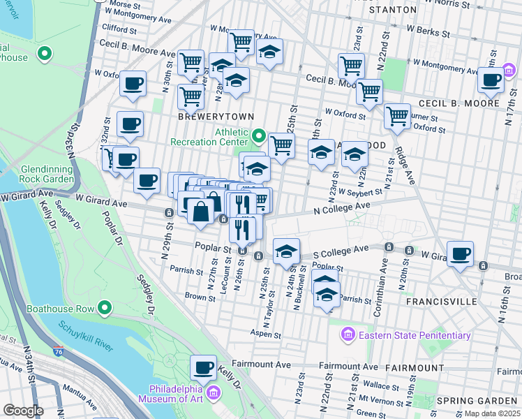 map of restaurants, bars, coffee shops, grocery stores, and more near 1228 West College Avenue in Philadelphia