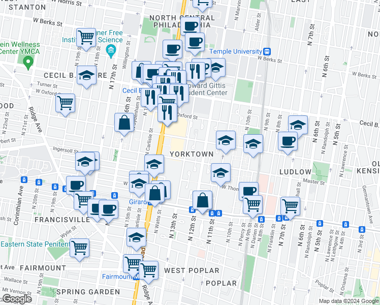 map of restaurants, bars, coffee shops, grocery stores, and more near 1415 North 13th Street in Philadelphia