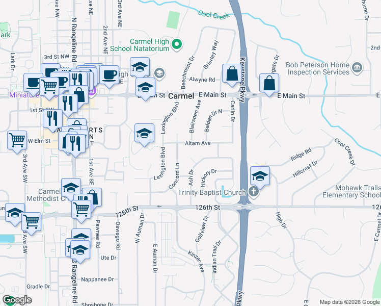map of restaurants, bars, coffee shops, grocery stores, and more near 311 Concord Lane in Carmel