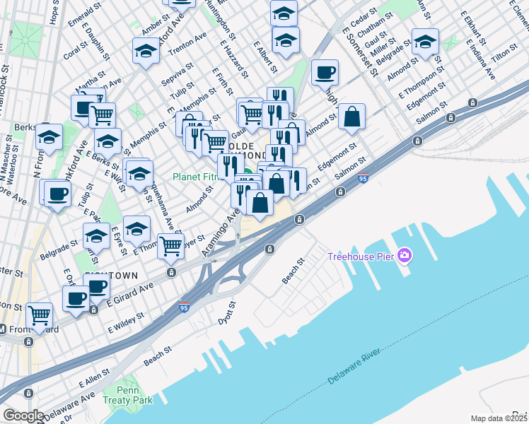 map of restaurants, bars, coffee shops, grocery stores, and more near 2401-2499 Aramingo Avenue in Philadelphia
