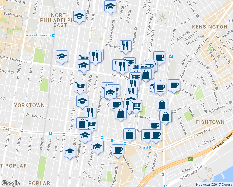 map of restaurants, bars, coffee shops, grocery stores, and more near 1535 North Cadwallader Street in Philadelphia