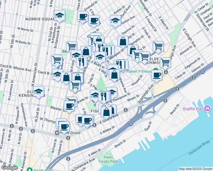 map of restaurants, bars, coffee shops, grocery stores, and more near 1413 East Montgomery Avenue in Philadelphia