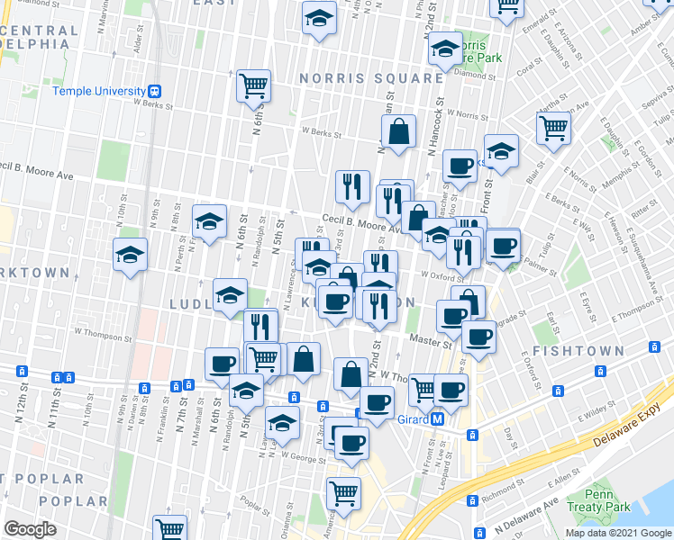 map of restaurants, bars, coffee shops, grocery stores, and more near 1535 North Cadwallader Street in Philadelphia