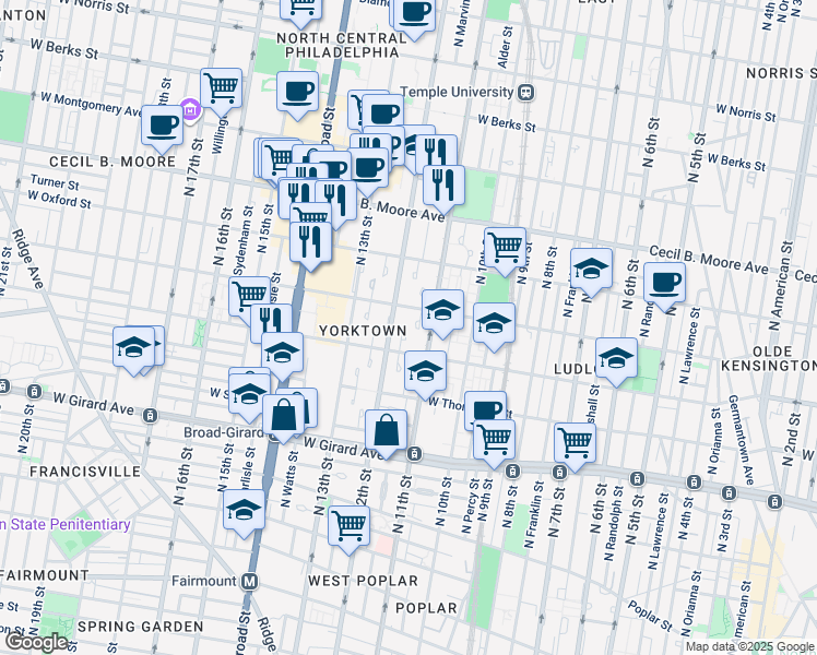 map of restaurants, bars, coffee shops, grocery stores, and more near 1426 Guilford Place in Philadelphia