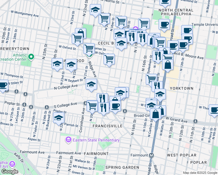 map of restaurants, bars, coffee shops, grocery stores, and more near 1315 North 19th Street in Philadelphia