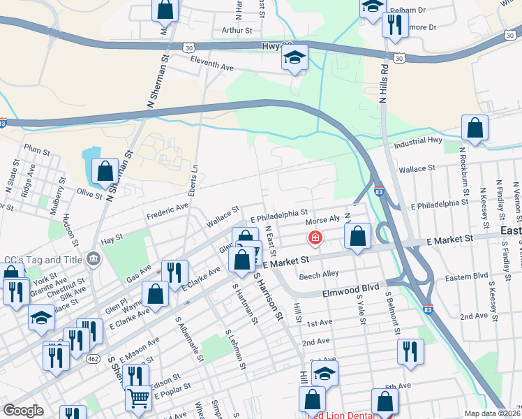 map of restaurants, bars, coffee shops, grocery stores, and more near 214 North East Street in York