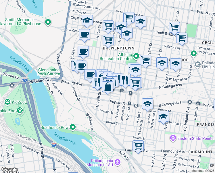 map of restaurants, bars, coffee shops, grocery stores, and more near 2817 West Girard Avenue in Philadelphia