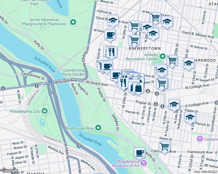 map of restaurants, bars, coffee shops, grocery stores, and more near 3026 West Girard Avenue in Philadelphia