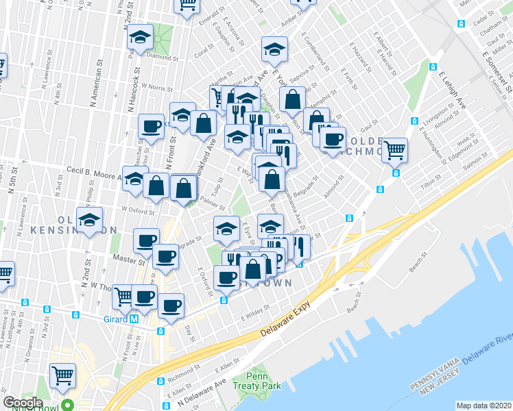 map of restaurants, bars, coffee shops, grocery stores, and more near 602 Miller Street in Philadelphia