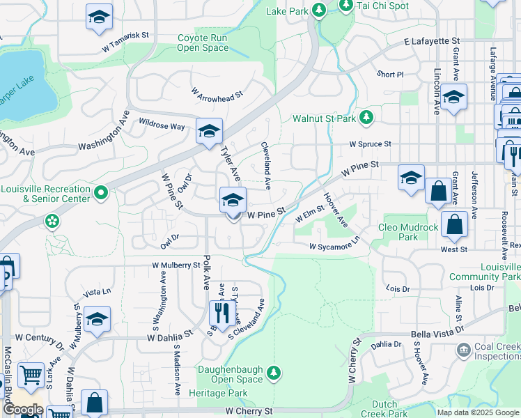 map of restaurants, bars, coffee shops, grocery stores, and more near 545 Catalpa Court in Louisville