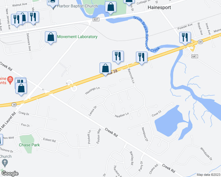 map of restaurants, bars, coffee shops, grocery stores, and more near 10 Winchester Court in Hainesport