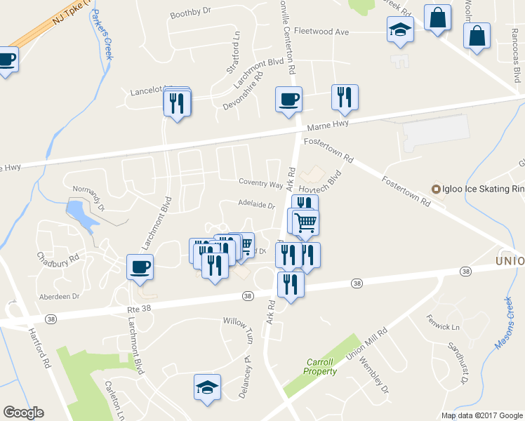 map of restaurants, bars, coffee shops, grocery stores, and more near 5304B Adelaide Drive in Mount Laurel