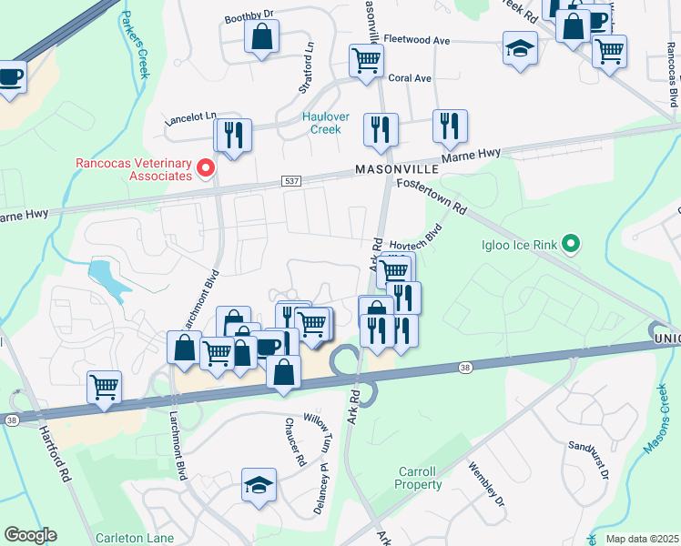 map of restaurants, bars, coffee shops, grocery stores, and more near 5401A Adelaide Drive in Mount Laurel Township