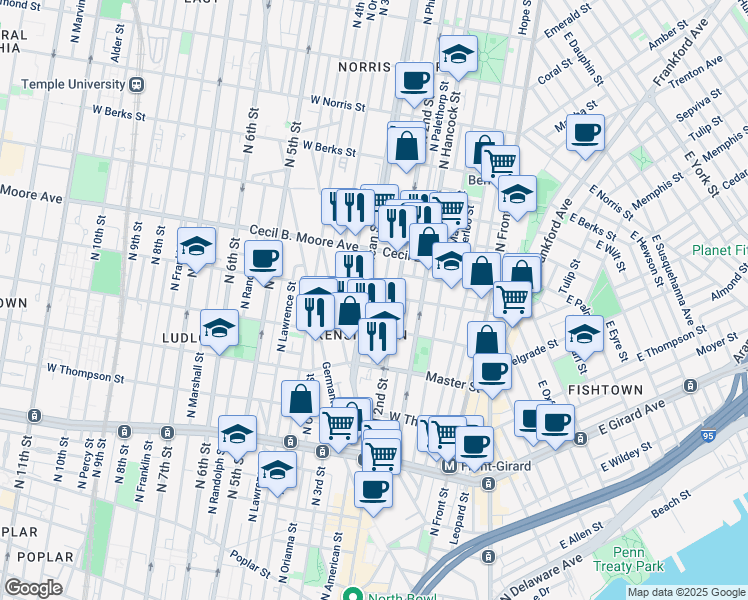 map of restaurants, bars, coffee shops, grocery stores, and more near 1619 North American Street in Philadelphia